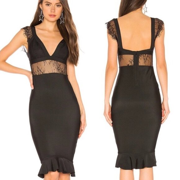 superdown Dresses & Skirts - Black Bodycon Midi Dress Lace Deep-V Sheer Waist Ruffle Hem XS